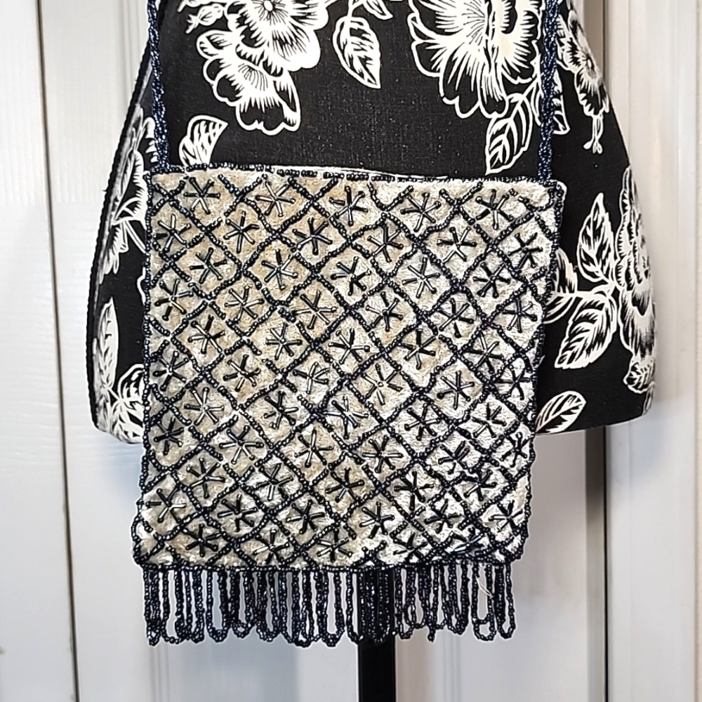 Gray Velvet Beaded Crossbody Bag